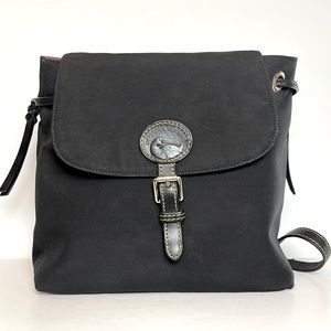 Dooney & Bourke Nylon flap backpack, black and pink w/gold stitching